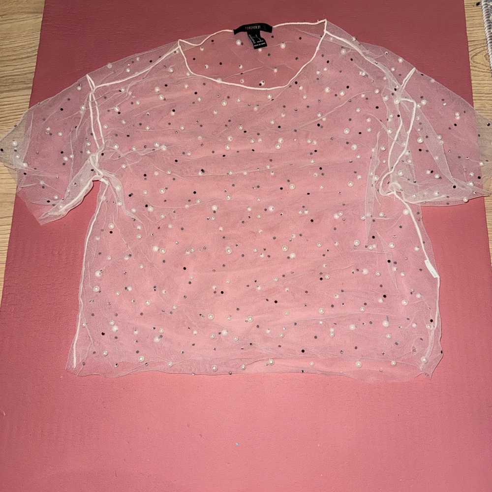 Forever 21 Sheer white pearl and rhinestone Top size small